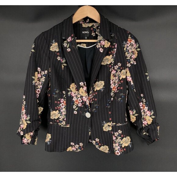 Xoxo Womens Floral Pinstripe Blazer Size M Black Ruched 3/4 Sleeves Y2k Office - Picture 1 of 9